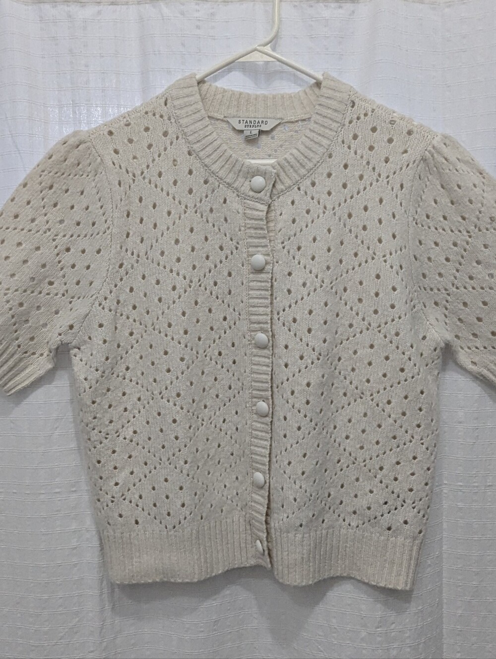 Short Sleeve Pointelle Cardigan Sweater - Cream